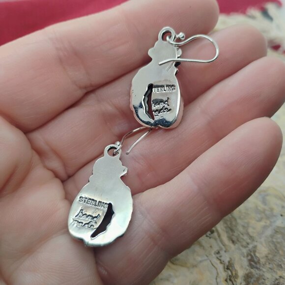 Southwest Sterling Silver Turquoise Dangle Earrings Flower Feather Handmade - Picture 4 of 5